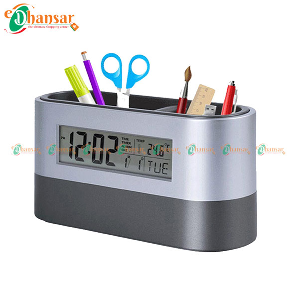 Multifunctional Home Office Digital Snooze Alarm Clock Pen Holder Lcd Clock 