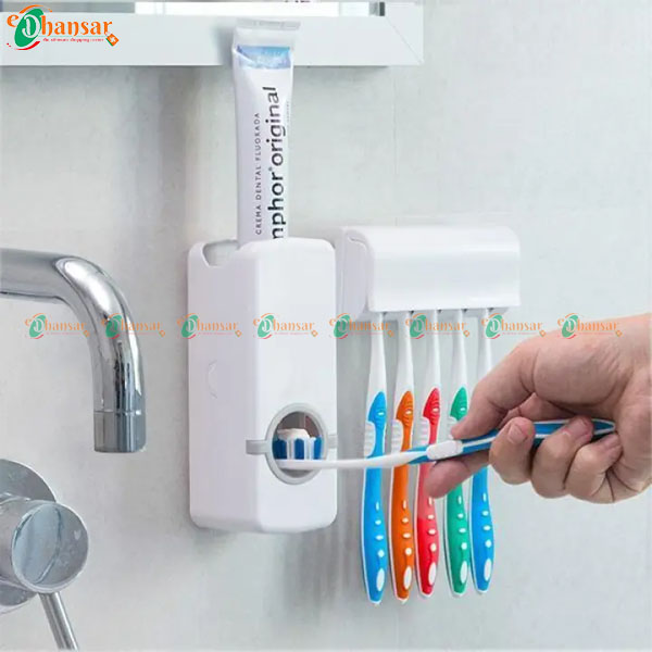 Automatic Squeeze Toothpaste Dispenser + 5 Toothbrush Holder With Wall Mount Stand 