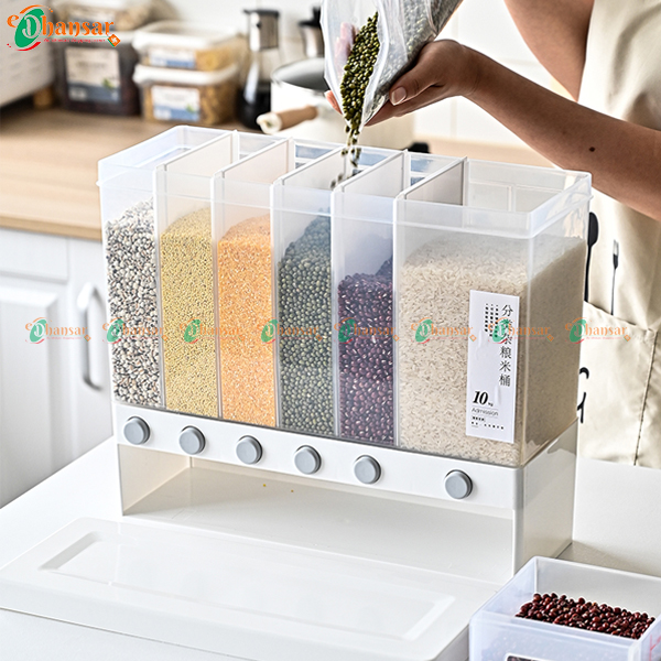 6 Grid Dry Food Dispenser Cans Food Storage Box Automatic Rice Dispenser
